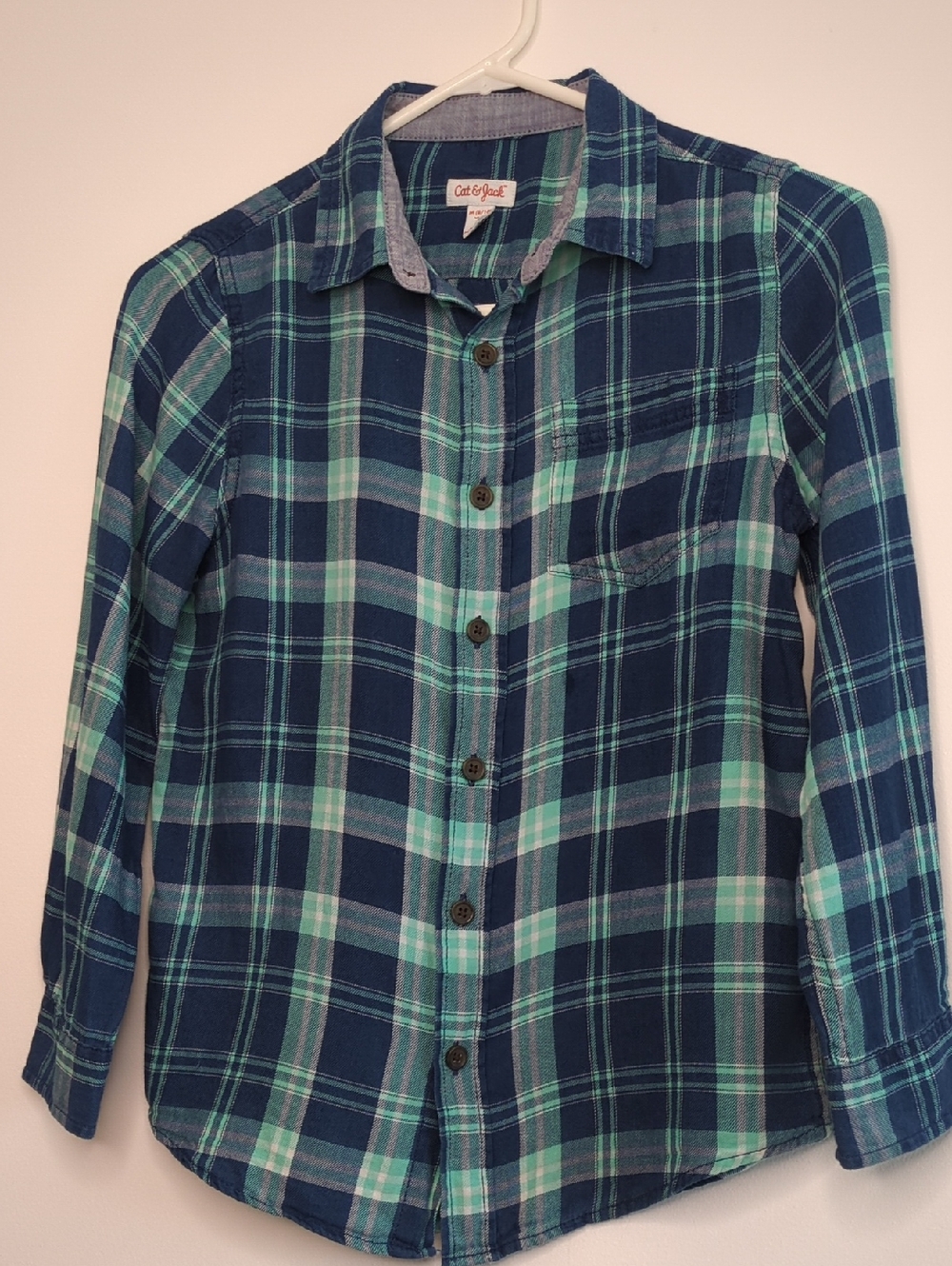 Cat & Jack | Navy And Mint Plaid Shirt | M (8-10)